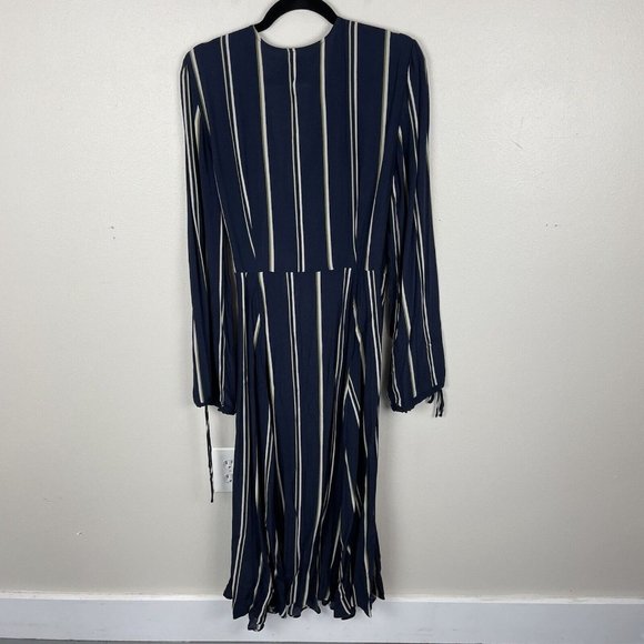 Urban Outfitters Striped Midi Wrap Dress Women's Size L Navy Blue Long Sleeve - Picture 6 of 9